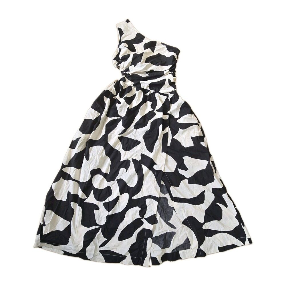 Abercrombie Fitch One Shoulder Cutout Maxi Dress Pockets NWOT M Black White - Picture 2 of 16